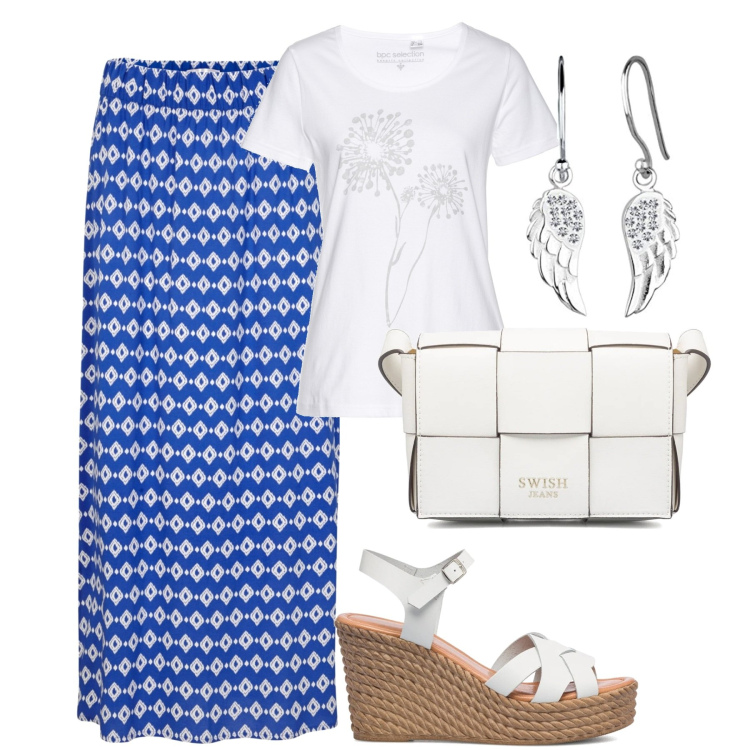 Outfit donna - Aperirivo. Stile Casual chic per Serata fuori. Abbinamento con t-shirt, gonne lunghe, borse a tracolla, sandali in pelle, orecchini.