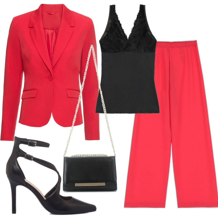Outfit donna - Aperitivo di lavoro. Stile Minimal per Serata fuori. Abbinamento con top, blazer, pantaloni a palazzo, clutch, décolleté.