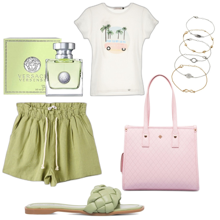 Outfit donna - Casual. Stile Basic per Tutti i giorni. Abbinamento con braccialetti con ciondoli, shorts, t-shirt, ciabatte, borse a spalla, profumi.