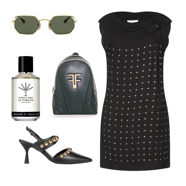 Outfit donna - Ufficio rock. Stile Rock per Ufficio. Abbinamento con décolleté, vestiti corti, zaini, occhiali da sole, profumi.