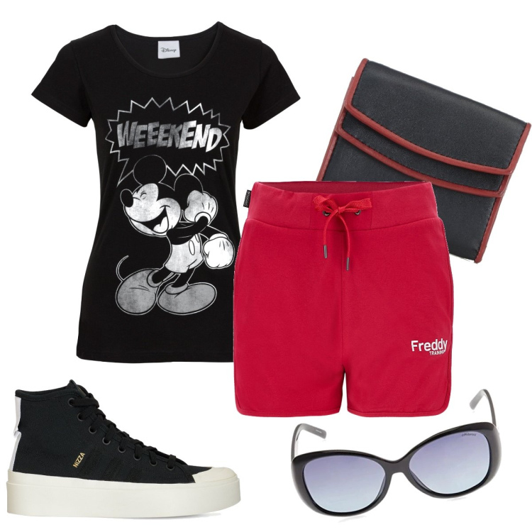 Outfit donna - In vacanza con Topolino. Stile Sporty chic per Mare. Abbinamento con t-shirt, shorts, sneakers, occhiali da sole, portafogli.
