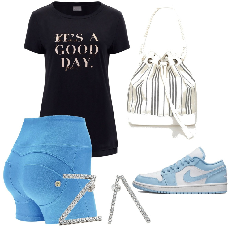 Outfit donna - It\'s a good day for yoga. Stile Casual per Sport. Abbinamento con sneakers alte, orecchini, borse a mano, shorts, t-shirt.