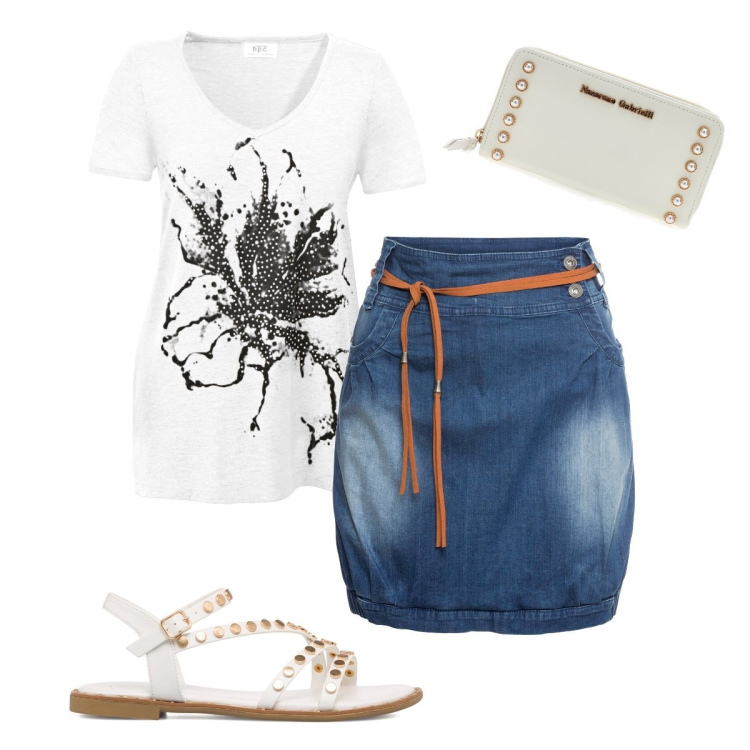 Outfit donna - La gonna in jeans. Stile Casual chic per Tutti i giorni. Abbinamento con minigonne, t-shirt, sandali in pelle, portafogli.
