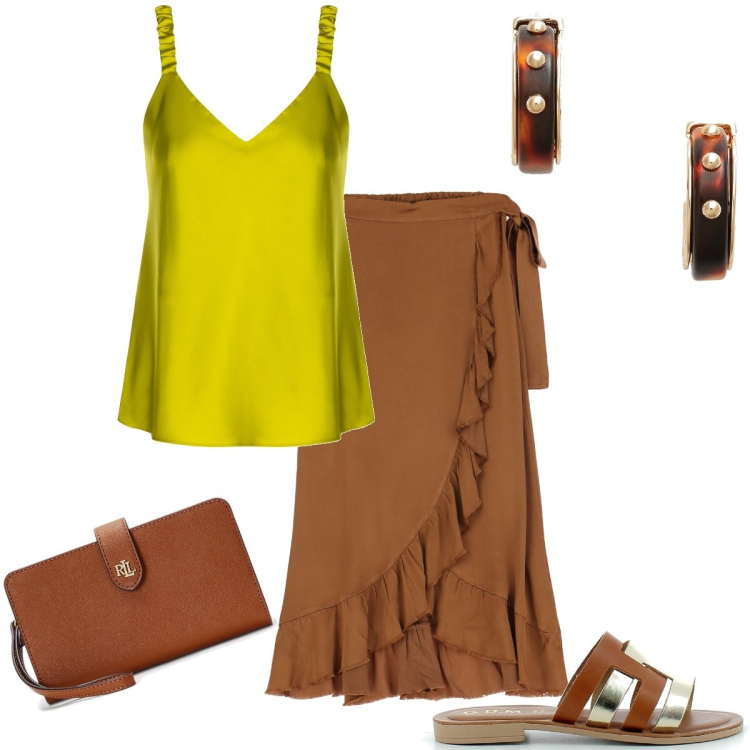 Outfit donna - Total look #1654719. Stile Bon Ton per Serata fuori. Abbinamento con gonne longuette, top, sandali in pelle, pochette, orecchini.