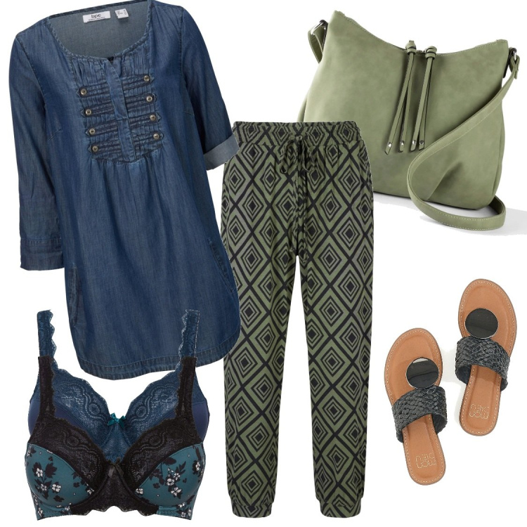 Outfit donna - Gita fuori porta supercomoda. Stile Casual per Tutti i giorni. Abbinamento con pantaloni, bluse, reggiseni, borse a tracolla, infradito.
