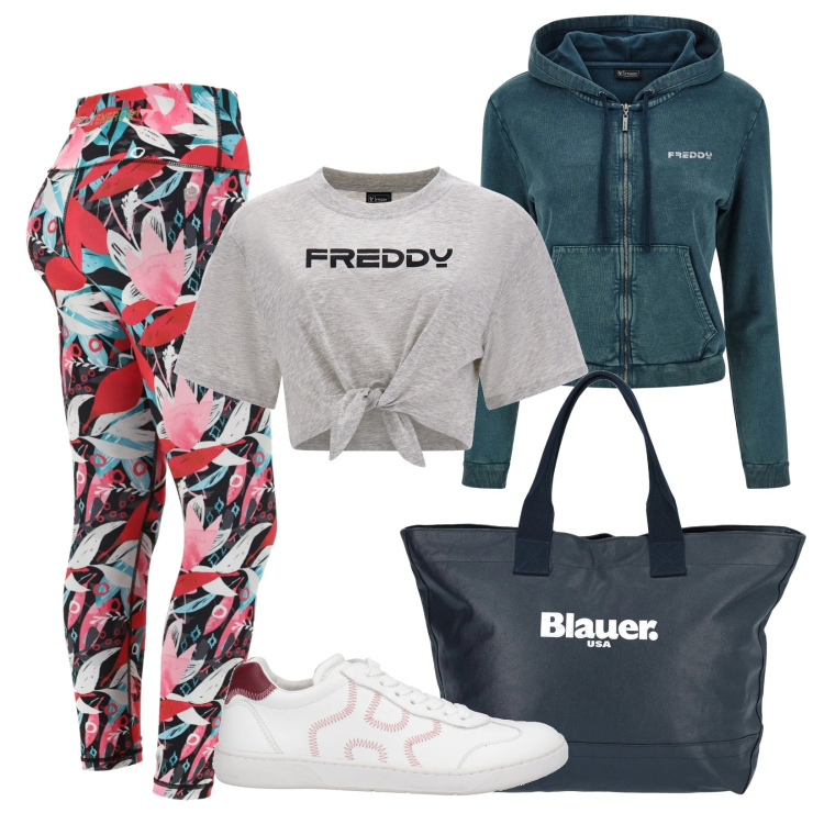 Outfit donna - Total look #1654871. Stile Sporty chic per Sport. Abbinamento con sneakers, borse sportive, felpe con cappuccio, leggings, t-shirt.