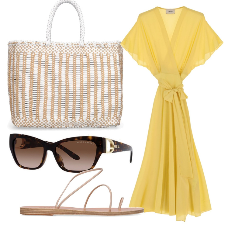 Outfit donna - Passeggiata a Positano. Stile Casual chic per Tutti i giorni. Abbinamento con vestiti midi/longuette, occhiali da sole, sandali in pelle, shopping bag.