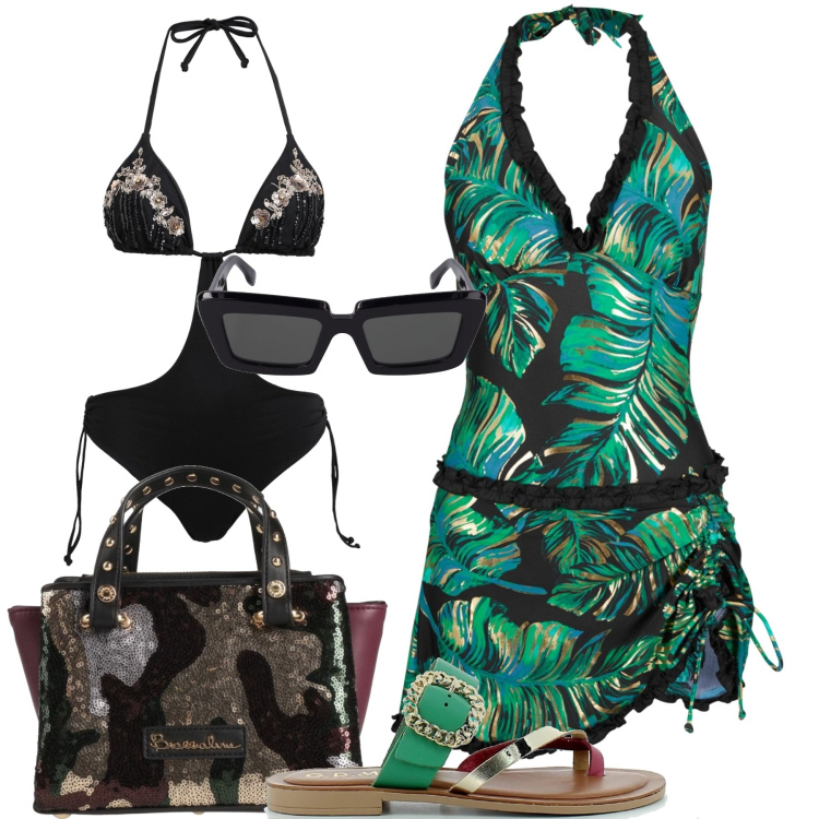 Outfit donna - In spiaggia con stile. Stile Casual chic per Mare. Abbinamento con vestiti da spiaggia, bikini, borse a mano, sandali in pelle, occhiali da sole.