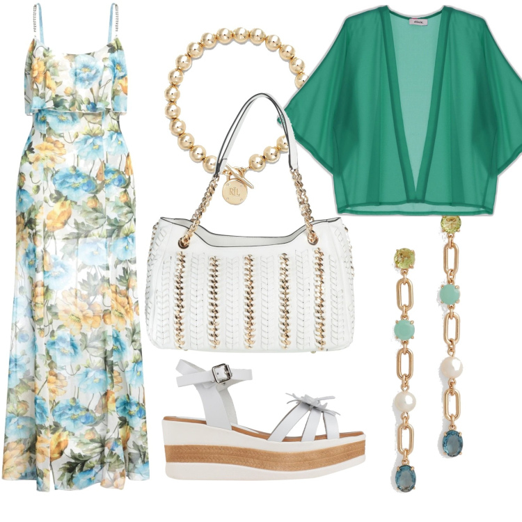 Outfit donna - Le belle vacanze. Stile Casual per Tutti i giorni. Abbinamento con vestiti lunghi, sandali in pelle, borse a spalla, cardigans, orecchini, braccialetti.