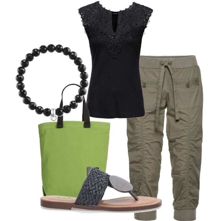 Outfit donna - Militare e pizzo. Stile Urban per Serata fuori. Abbinamento con pantaloni capri, top, borse a mano, ciabatte, braccialetti.