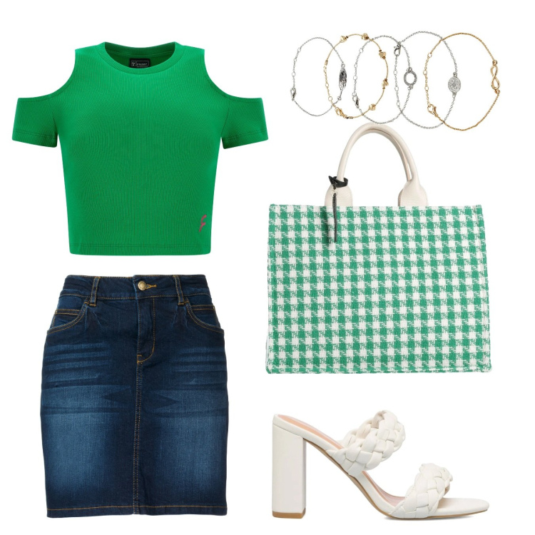 Outfit donna - Semplicità. Stile Basic per Tutti i giorni. Abbinamento con gonne, braccialetti con ciondoli, borse a mano, top, sandali in pelle.