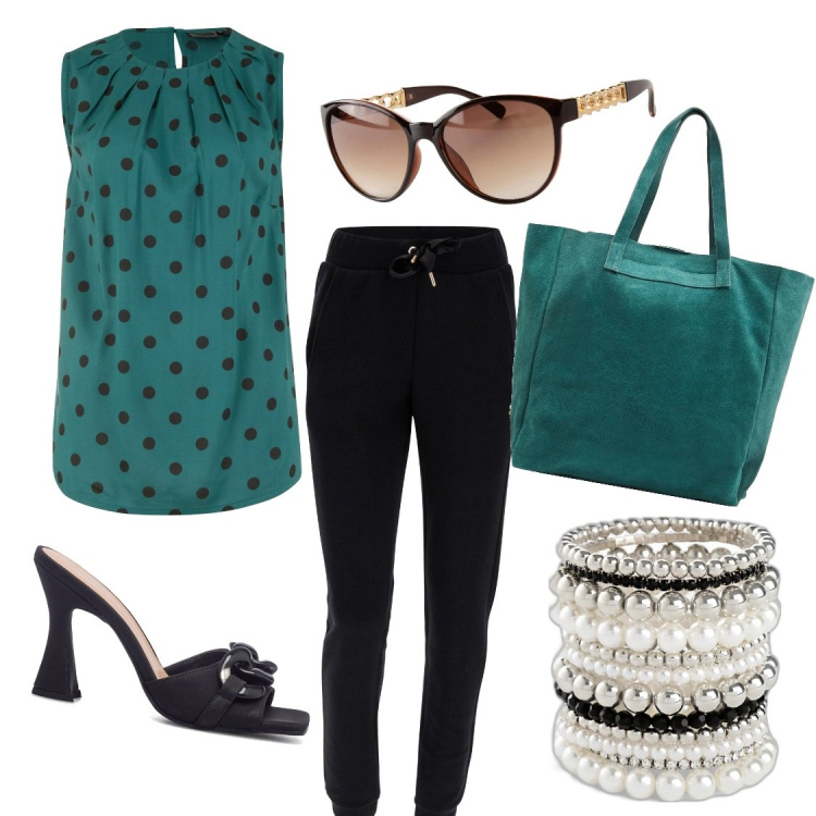 Outfit donna - Verde smeraldo. Stile Casual chic per Ufficio. Abbinamento con braccialetti, top, occhiali da sole, borse a mano, pantaloni, sandali in pelle.