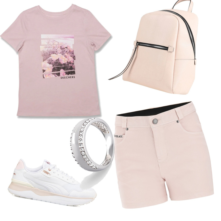 Outfit donna - Pink. Stile Sporty chic per Sport. Abbinamento con anelli, zaini, shorts, sneakers, t-shirt.