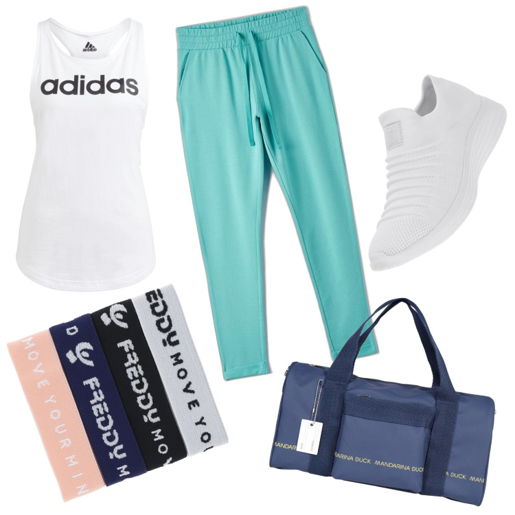 Outfit donna - Total look #1654992. Stile Sporty chic per Sport. Abbinamento con borse sportive, pantaloni skinny, braccialetti, sneakers, canottiere.