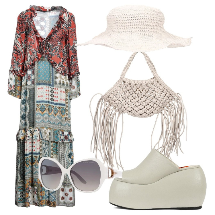 Outfit donna - Passeggiando in costiera. Stile Romantica per Mare. Abbinamento con vestiti lunghi, occhiali da sole, zeppe, cappelli, shopping bag.