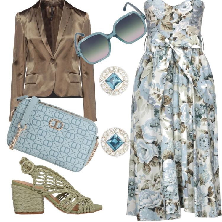 Outfit donna - Costiera amalfitana. Stile Casual chic per Serata fuori. Abbinamento con vestiti midi/longuette, sandali in pelle, blazer, borse a tracolla, orecchini, occhiali da sole.