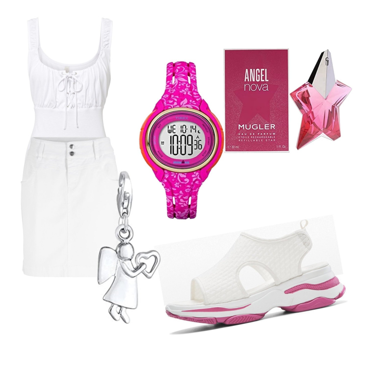 Outfit donna - Angel. Stile Urban per Tutti i giorni. Abbinamento con minigonne, sandali col tacco, top, ciondoli, profumi, orologi digitali.