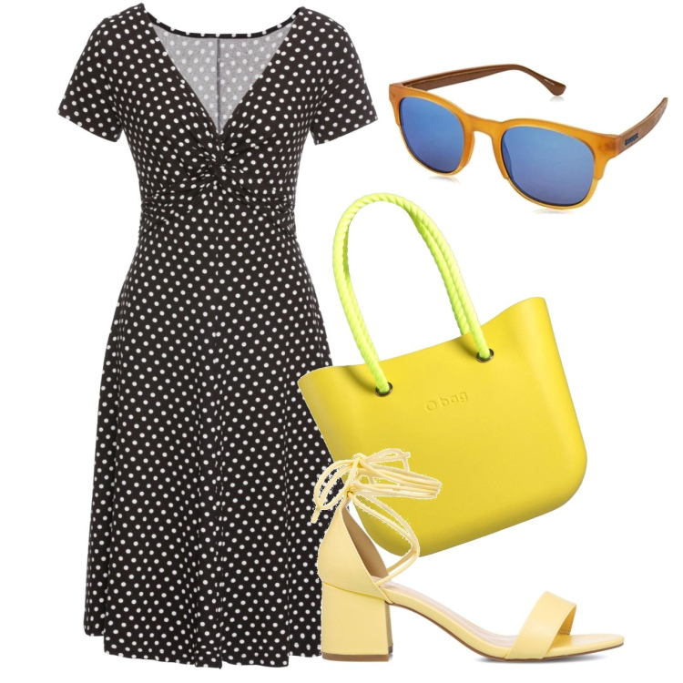 Outfit donna - Pois e giallo. Stile Bon Ton per Tutti i giorni. Abbinamento con vestiti lunghi, borse a spalla, sandali alla schiava, occhiali da sole.