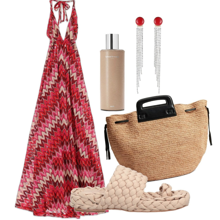 Outfit donna - Optical rosso. Stile Boho per Tutti i giorni. Abbinamento con infradito, vestiti midi/longuette, borse a secchiello, orecchini, profumi.