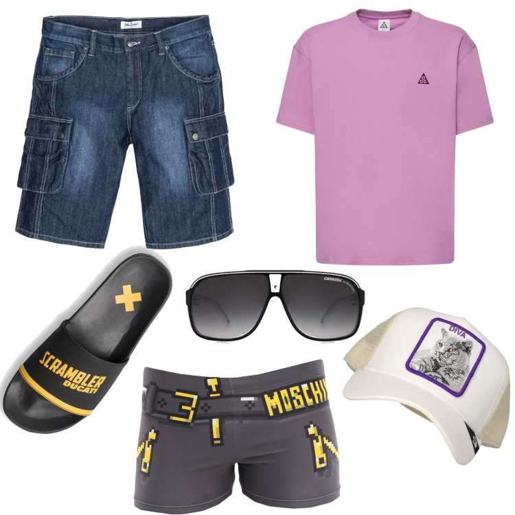Outfit uomo - Un outfit ideale per il mare. Stile Casual per Mare. Abbinamento con bermuda, costumi, sandali, t-shirt, occhiali da sole, cappelli.