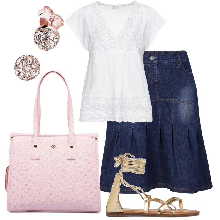 Outfit donna - Sandali oro e gonna jeans. Stile Romantica per Tutti i giorni. Abbinamento con maglieria, gonne, sandali alla schiava, borse a spalla, orecchini.