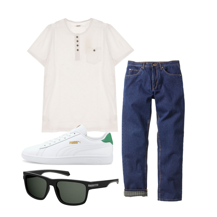 Outfit uomo - Ghost outfitter - giugno. Stile Casual per Tutti i giorni. Abbinamento con jeans dritti, t-shirt, sneakers, occhiali da sole.