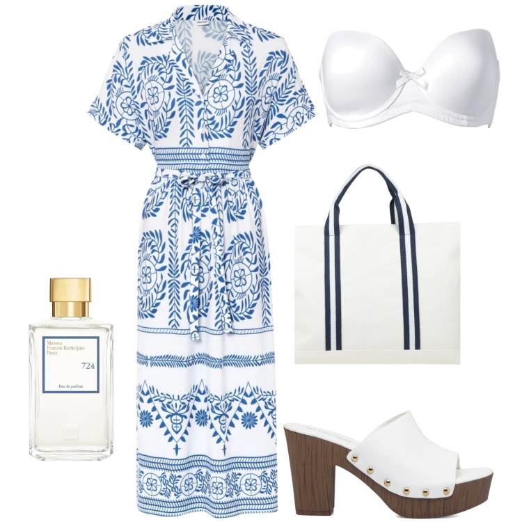 Outfit donna - Total look #1655282. Stile Casual per Tutti i giorni. Abbinamento con reggiseni, vestiti midi/longuette, borse a mano, sandali col tacco, profumi.