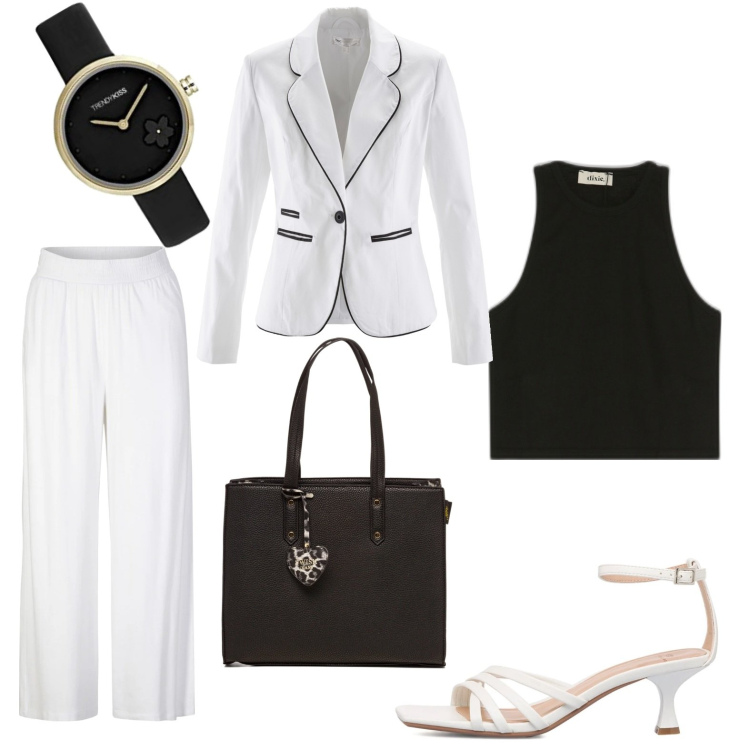Outfit donna - Per ufficio. Stile Basic per Ufficio. Abbinamento con pantaloni, blazer, top, sandali in pelle, borse a spalla, orologi.