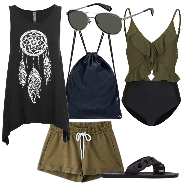 Outfit donna - Costume intero particolare. Stile Military per Mare. Abbinamento con costumi interi, top, pantaloni corti, zaini, ciabatte, occhiali da sole.