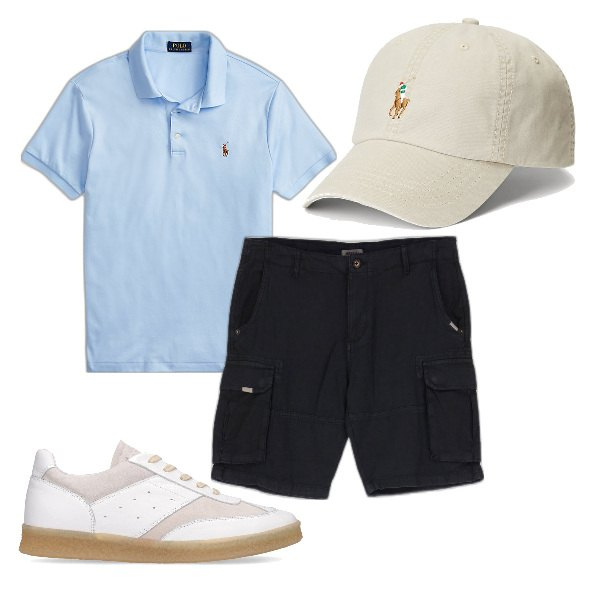 Outfit uomo - Total look #1655351. Stile Casual per Tutti i giorni. Abbinamento con bermuda, polo, cappelli con visiera, sneakers.