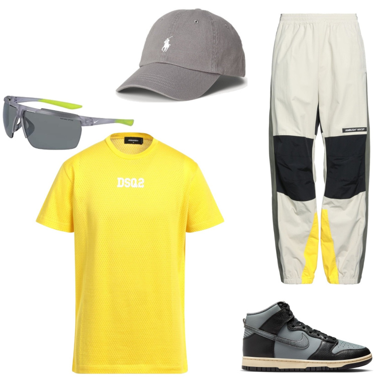 Outfit uomo - Dunk High. Stile Urban per Tutti i giorni. Abbinamento con pantaloni, t-shirt, cappelli, occhiali da sole, sneakers.