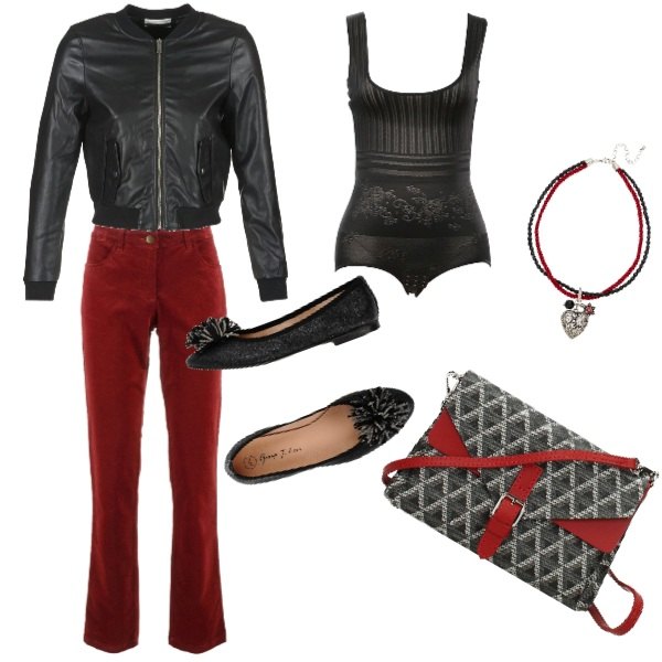 Outfit donna - Rock #2923. Stile Rock per Serata fuori. Abbinamento con pantaloni, collana, ballerine contrasto senza tacco con punta tonda pianta larga in pelle tinta unita, borsa a tracolla con stampa e tasca interna, giacca nero, body a righe aderente nero.