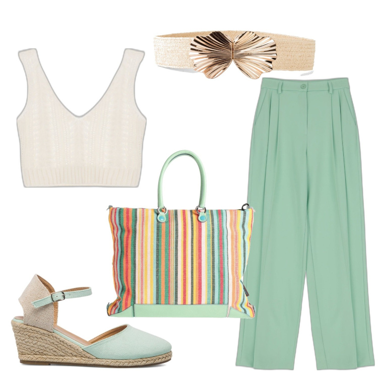 Outfit donna - Colori estivi. Stile Casual per Tutti i giorni. Abbinamento con cinture, borse a mano, top, pantaloni, espadrillas.