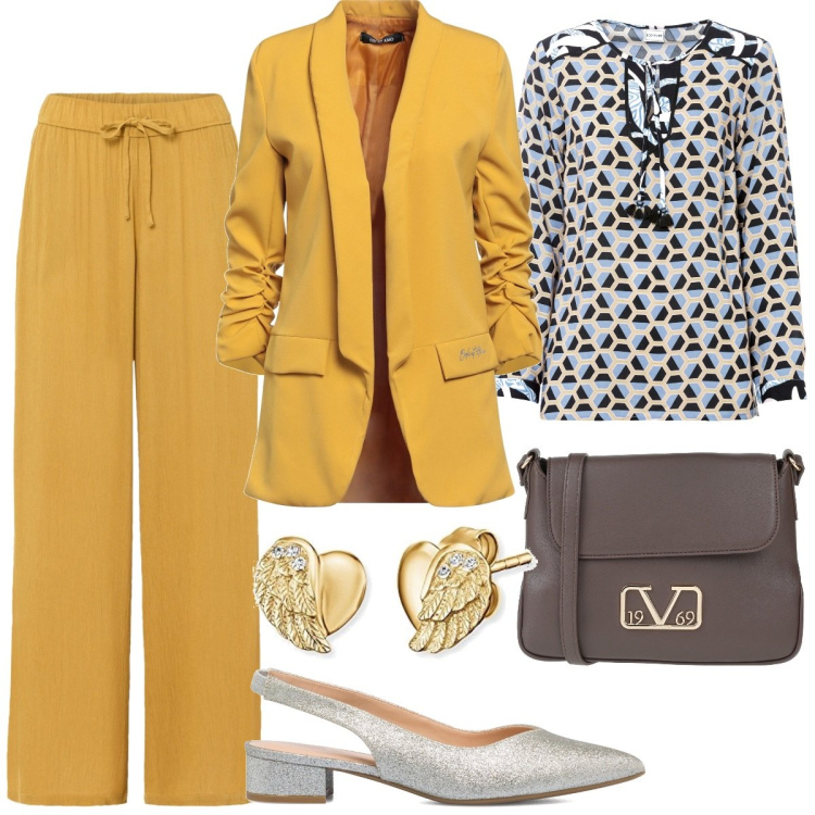 Outfit donna - Ufficio. Stile Urban per Ufficio. Abbinamento con pantaloni, bluse, blazer, borse a tracolla, décolleté, orecchini.