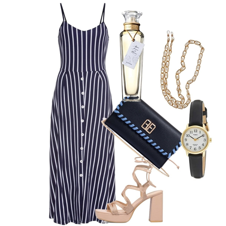 Outfit donna - Italian style curvy! Le strisce. Stile Minimal per Serata fuori. Abbinamento con vestiti midi/longuette, pochette, sandali gioiello, orologi, collane, profumi.