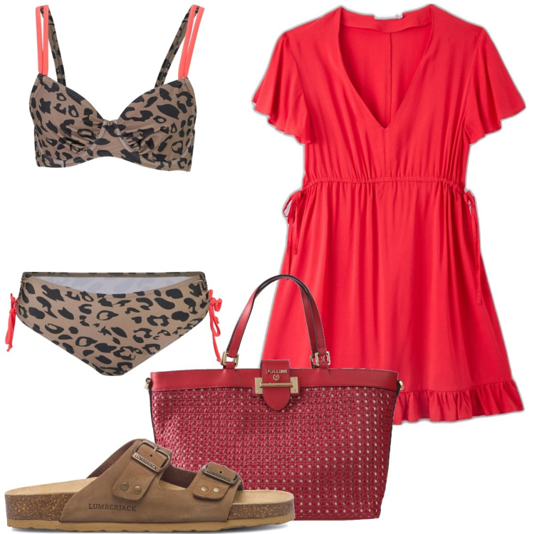 Outfit donna - Total look #1655607. Stile Casual per Mare. Abbinamento con bikini, borse a mano, vestiti, sandali in pelle.