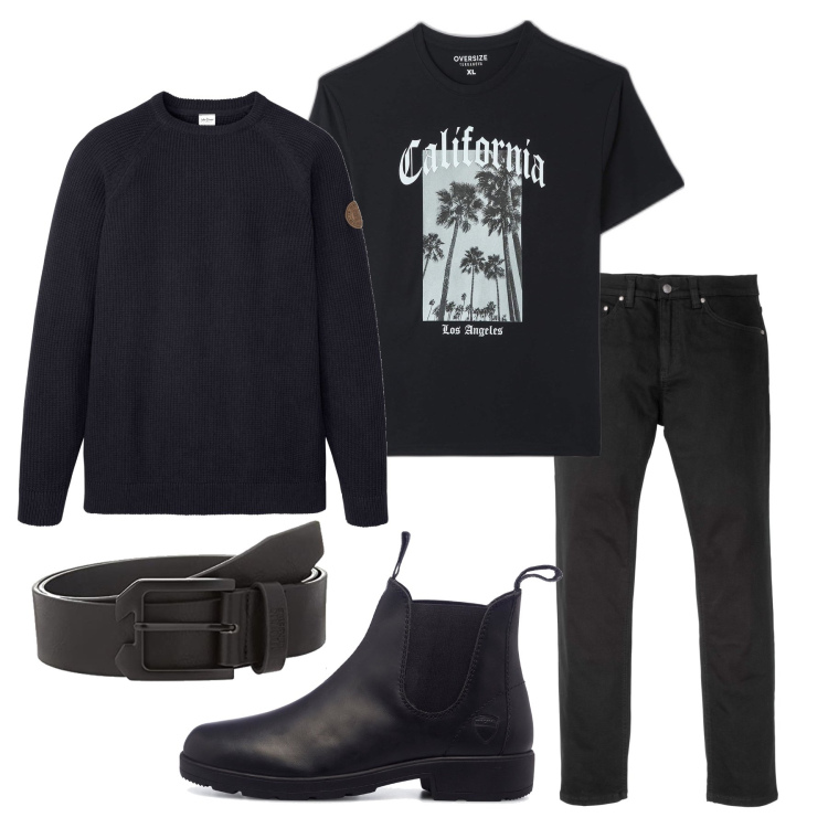Outfit uomo - Con la moto di sera. Stile Biker Rock per Serata speciale. Abbinamento con jeans slim fit, maglieria, t-shirt, stivali e stivaletti, cinture.