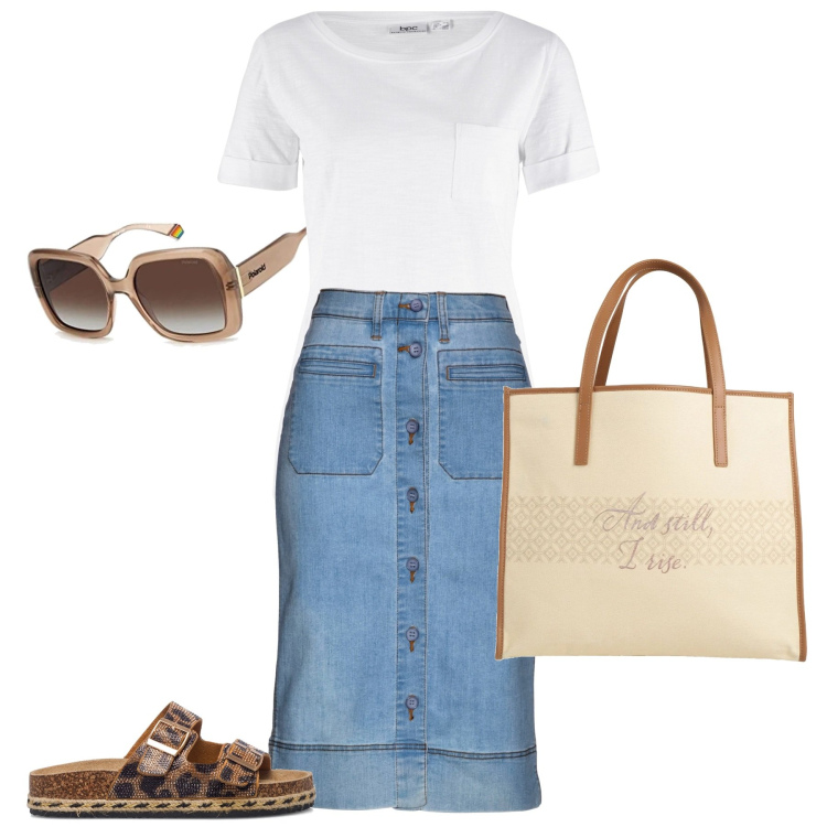 Outfit donna - Jeans e t-shirt. Stile Casual per Tutti i giorni. Abbinamento con gonne, t-shirt, borse a mano, sandali in pelle, occhiali da sole.