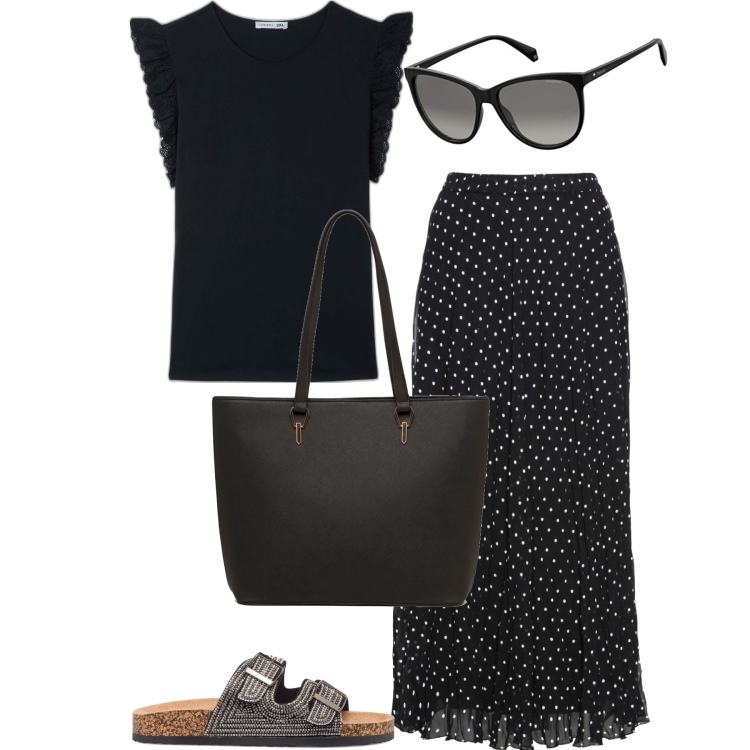 Outfit donna - La gonna a pois. Stile Casual chic per Serata fuori. Abbinamento con gonne, t-shirt, borse a spalla, sandali in pelle, occhiali da sole.