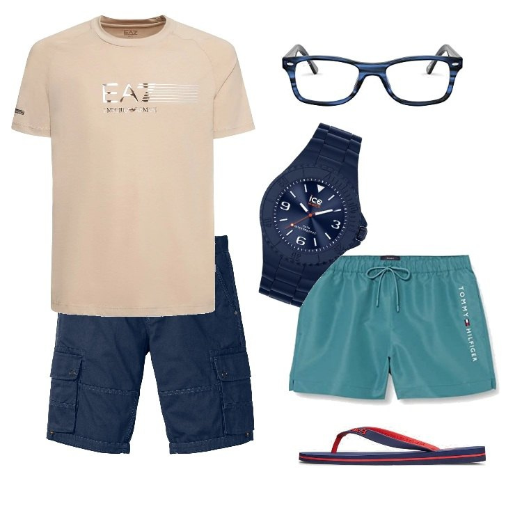 Outfit uomo - Letture sotto l\'ombrellone. Stile Casual per Mare. Abbinamento con bermuda, sandali, t-shirt, occhiali da sole, orologi, costumi.