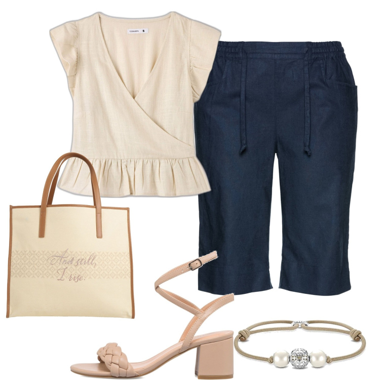 Outfit donna - Lino protagonista del grande caldo. Stile Basic per Tutti i giorni. Abbinamento con bermuda, borse a mano, bluse, sandali in pelle, braccialetti.