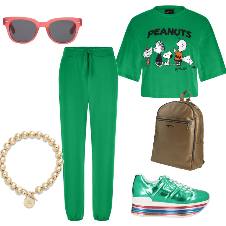 Outfit donna - Ricordi..... Stile Sporty chic per Tutti i giorni. Abbinamento con zaini, sneakers, occhiali da sole, pantaloni sportivi, t-shirt, braccialetti.