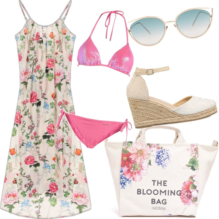 Outfit donna - Fantasie floreali. Stile Casual chic per Mare. Abbinamento con bikini, occhiali da sole, borse tote, vestiti midi/longuette, espadrillas.