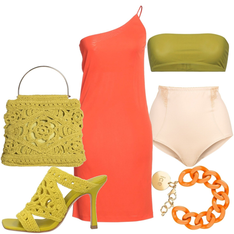 Outfit donna - Fashion. Stile Urban per Serata fuori. Abbinamento con culotte, vestiti midi/longuette, sandali in pelle, borse a mano, reggiseni, braccialetti.