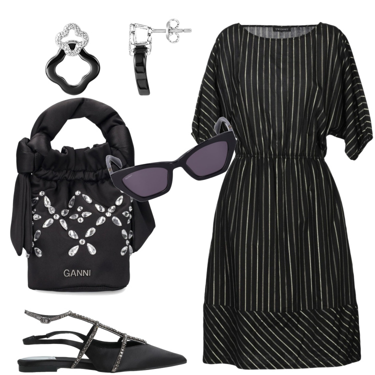 Outfit donna - Il vestito a righe. Stile Bon Ton per Tutti i giorni. Abbinamento con ballerine, vestiti midi/longuette, orecchini, occhiali da sole, borse a spalla.