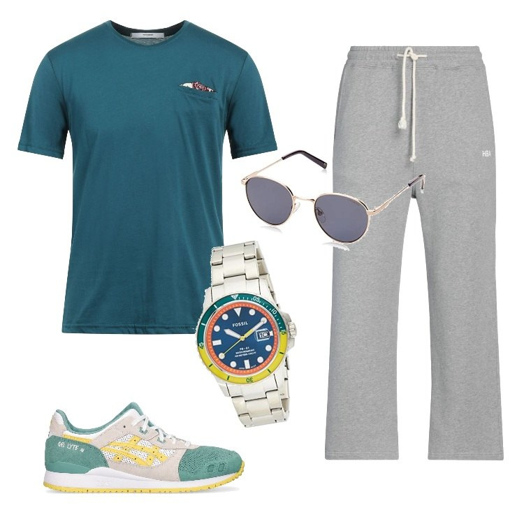 Outfit uomo - Una corsa lungomare. Stile Casual per Mare. Abbinamento con t-shirt, pantaloni, orologi, occhiali da sole, sneakers.