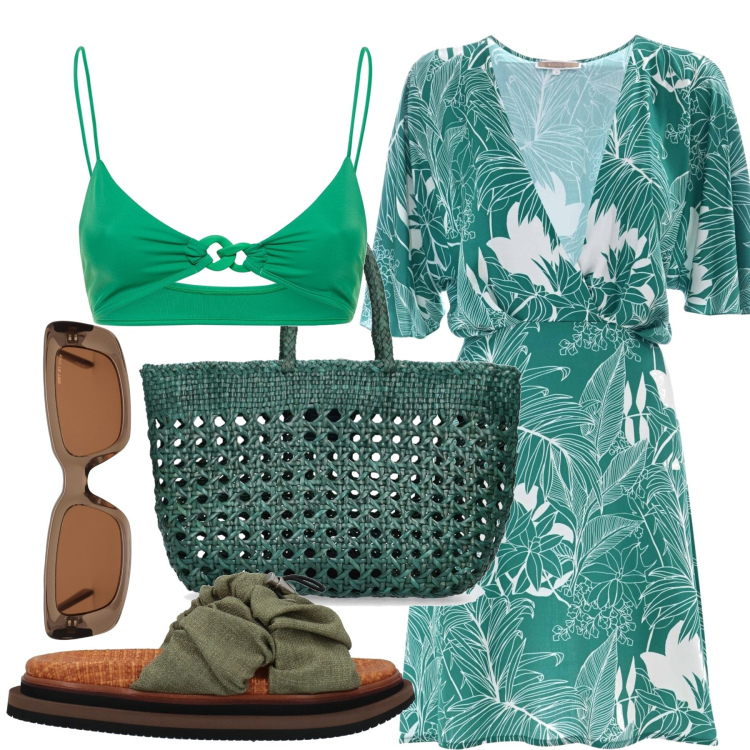 Outfit donna - Il mare a un passo. Stile Chic per Mare. Abbinamento con sandali, vestiti, bikini, occhiali da sole, borse a spalla.