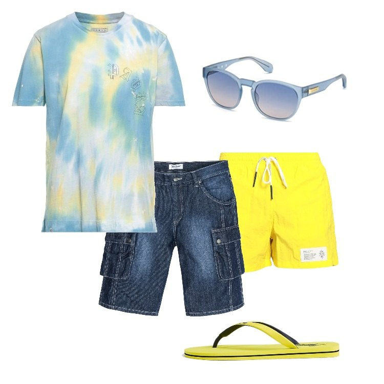 Outfit uomo - Sotto l\'ombrellone. Stile Casual per Mare. Abbinamento con bermuda, costumi, t-shirt, sandali, occhiali da sole.