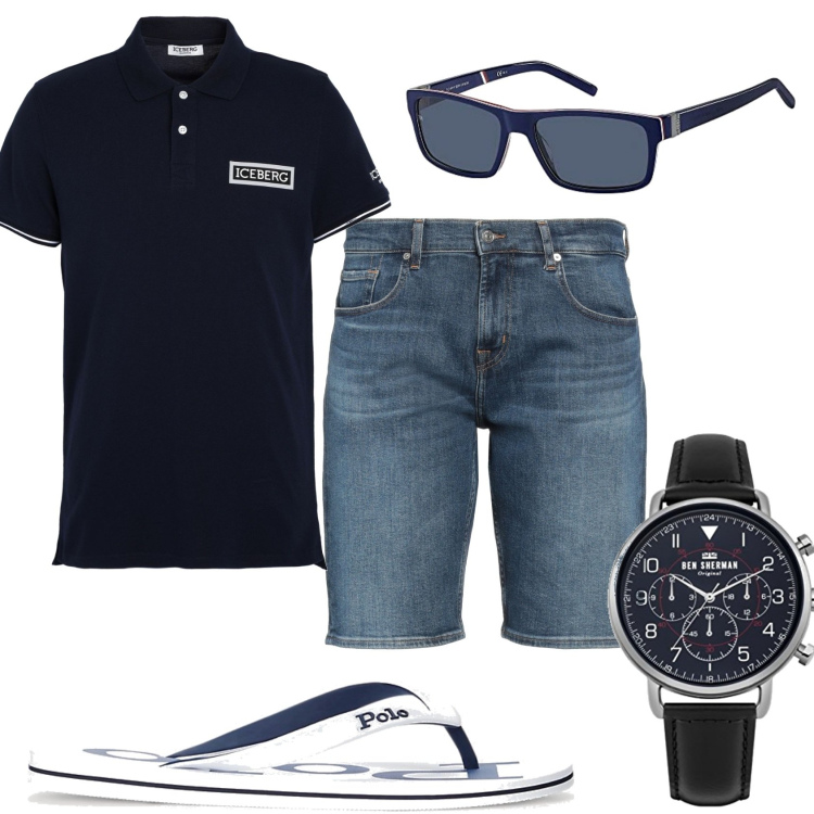 Outfit uomo - Bermuda e polo. Stile Urban per Mare. Abbinamento con polo, shorts, sandali, orologi, occhiali da sole.