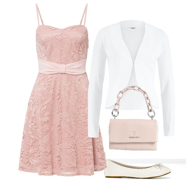 Outfit donna - una quattordicenne a un matrimonio. Stile Romantica per Cerimonia. Abbinamento con ballerine, vestiti, blazer, borse a mano.